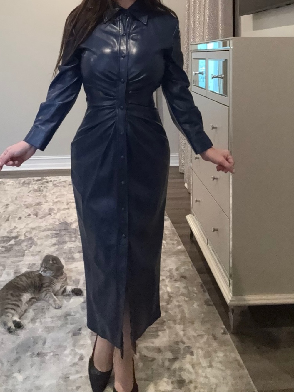 Zara Navy Faux Leather Button-Front Midi Dress